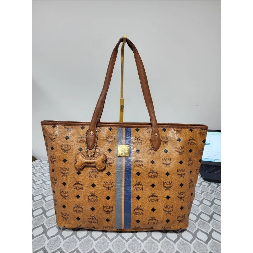 MCM Visetos Striped Shopper Tote Bag Cognac